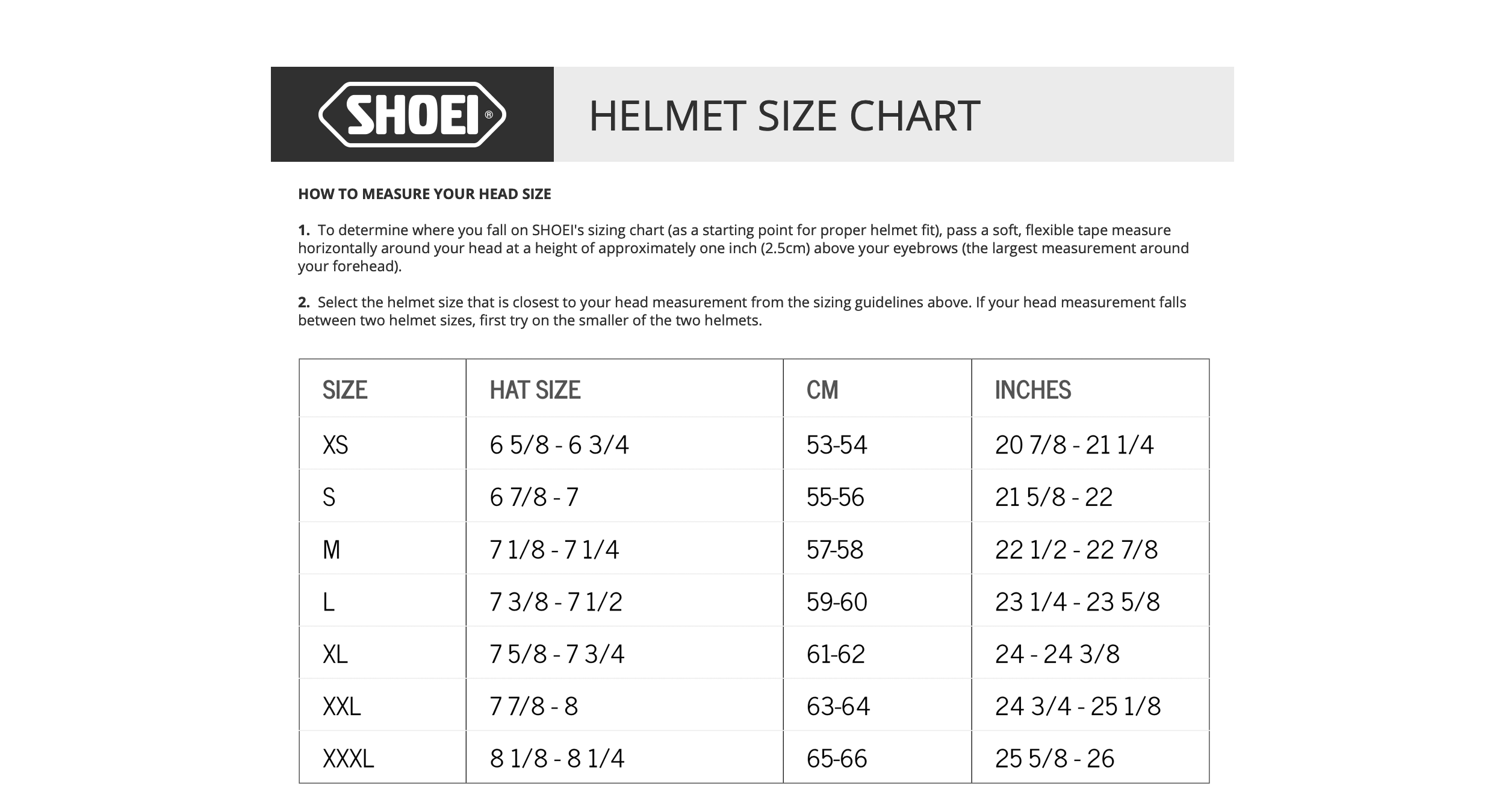 SHOEI Helmet Sizing